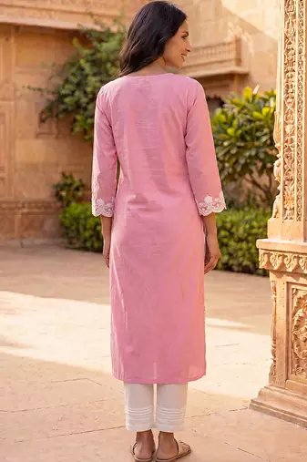 Women’s pink solid embroidered regular kurta | stylish ethnic wear kurti for women | trendy casual & festive wear
