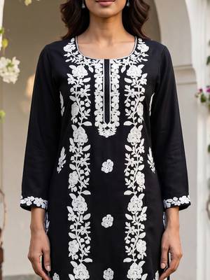 Women’s black solid embroidered regular kurta | stylish ethnic wear kurti for women | trendy casual & festive wear 2