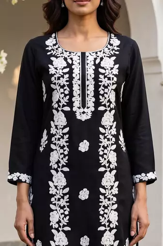 Women’s black solid embroidered regular kurta | stylish ethnic wear kurti for women | trendy casual & festive wear