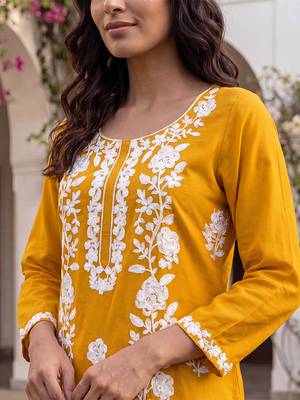 Women’s mustard solid embroidered regular kurta | stylish ethnic wear kurti for women | trendy casual & festive wear 4