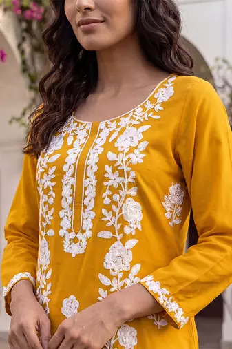 Women’s mustard solid embroidered regular kurta | stylish ethnic wear kurti for women | trendy casual & festive wear