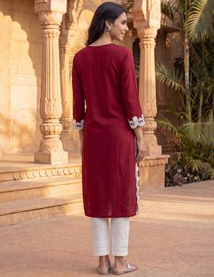 Women’s red solid embroidered regular kurta | stylish ethnic wear kurti for women | trendy casual & festive wear 4