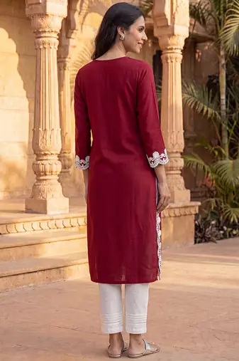 Women’s red solid embroidered regular kurta | stylish ethnic wear kurti for women | trendy casual & festive wear