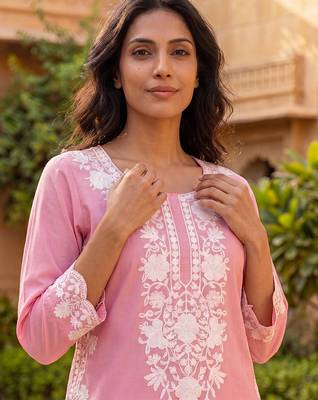 Women’s pink solid embroidered regular kurta | stylish ethnic wear kurti for women | trendy casual & festive wear 4