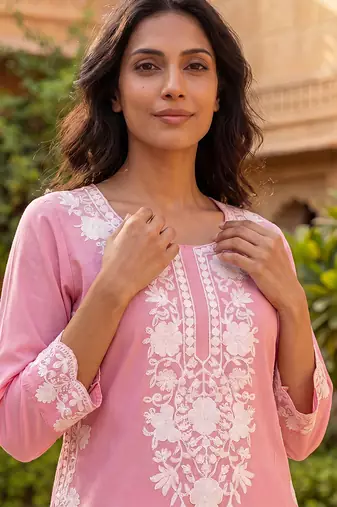 Women’s pink solid embroidered regular kurta | stylish ethnic wear kurti for women | trendy casual & festive wear