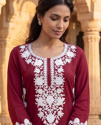 Women’s red solid embroidered regular kurta | stylish ethnic wear kurti for women | trendy casual & festive wear 5