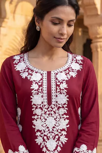 Women’s red solid embroidered regular kurta | stylish ethnic wear kurti for women | trendy casual & festive wear