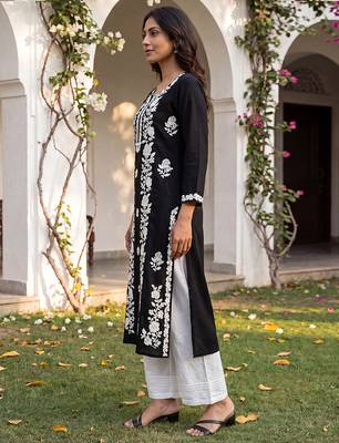 Women’s black solid embroidered regular kurta | stylish ethnic wear kurti for women | trendy casual & festive wear 3