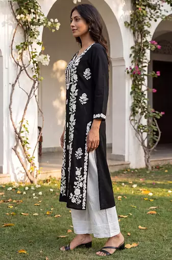 Women’s black solid embroidered regular kurta | stylish ethnic wear kurti for women | trendy casual & festive wear