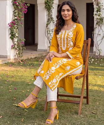 Women’s mustard solid embroidered regular kurta | stylish ethnic wear kurti for women | trendy casual & festive wear 5