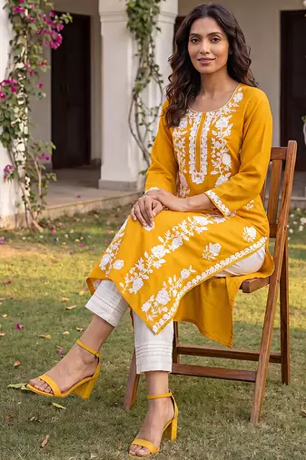Women’s mustard solid embroidered regular kurta | stylish ethnic wear kurti for women | trendy casual & festive wear