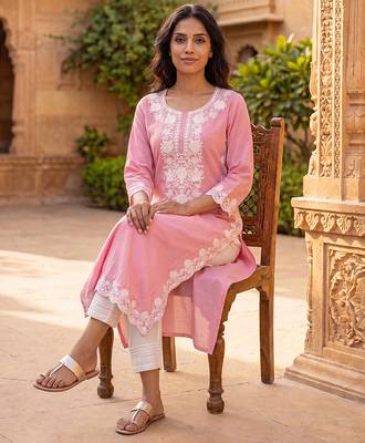 Women’s pink solid embroidered regular kurta | stylish ethnic wear kurti for women | trendy casual & festive wear 5