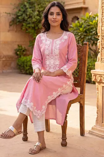 Women’s pink solid embroidered regular kurta | stylish ethnic wear kurti for women | trendy casual & festive wear