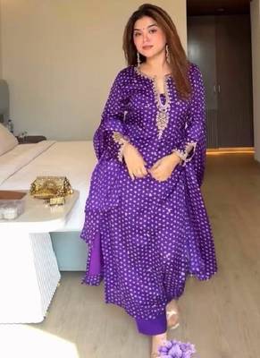 Purple printed anarkali kurta set with embroidered neckline and dupatta 1