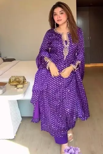 Purple printed anarkali kurta set with embroidered neckline and dupatta