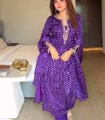 Purple printed anarkali kurta set with embroidered neckline and dupatta