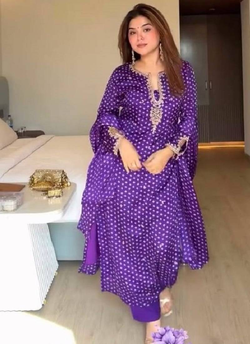 Purple printed anarkali kurta set with embroidered neckline and dupatta