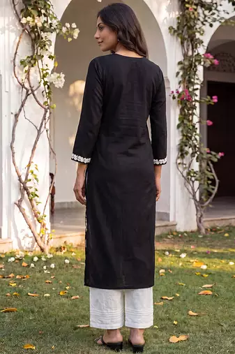 Women’s black solid embroidered regular kurta | stylish ethnic wear kurti for women | trendy casual & festive wear