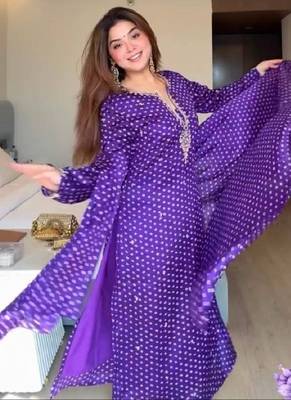 Purple printed anarkali kurta set with embroidered neckline and dupatta 2
