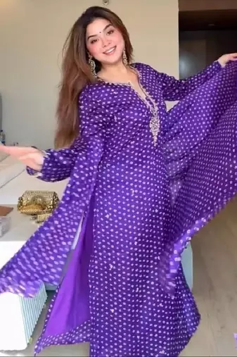 Purple printed anarkali kurta set with embroidered neckline and dupatta