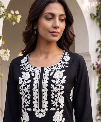 Women’s black solid embroidered regular kurta | stylish ethnic wear kurti for women | trendy casual & festive wear 5