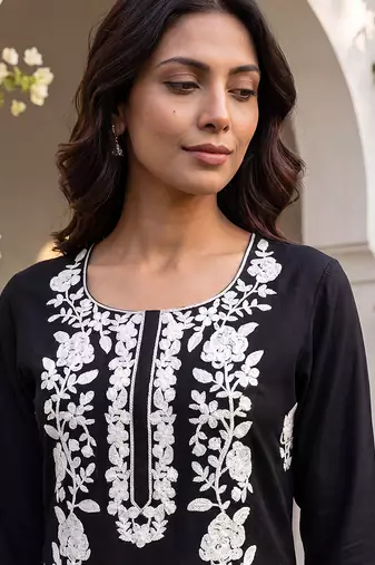 Women’s black solid embroidered regular kurta | stylish ethnic wear kurti for women | trendy casual & festive wear