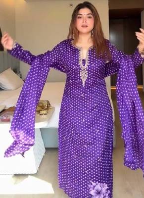 Purple printed anarkali kurta set with embroidered neckline and dupatta 3