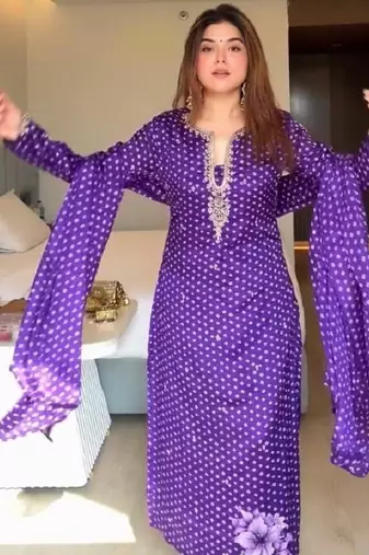 Purple printed anarkali kurta set with embroidered neckline and dupatta