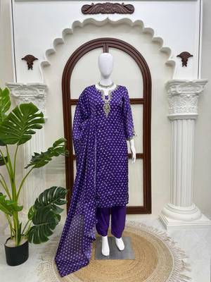 Purple printed anarkali kurta set with embroidered neckline and dupatta 4