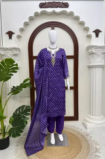 Purple printed anarkali kurta set with embroidered neckline and dupatta