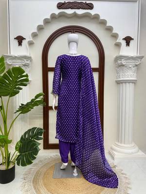 Purple printed anarkali kurta set with embroidered neckline and dupatta 5