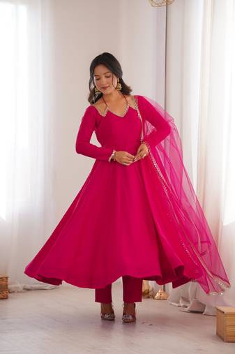 Women's Gorgeous Embroidery Work Roman Silk Chanderi Fabric Flared Anarkali Pant and Dupatta Set