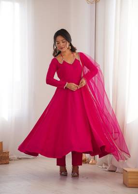 Women's Gorgeous Embroidery Work Roman Silk Chanderi Fabric Flared Anarkali Pant and Dupatta Set 1
