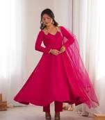 Women's Gorgeous Embroidery Work Roman Silk Chanderi Fabric Flared Anarkali Pant and Dupatta Set