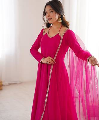 Women's Gorgeous Embroidery Work Roman Silk Chanderi Fabric Flared Anarkali Pant and Dupatta Set 2