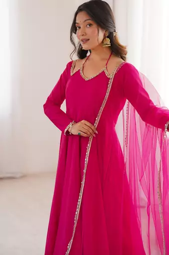 Women's Gorgeous Embroidery Work Roman Silk Chanderi Fabric Flared Anarkali Pant and Dupatta Set