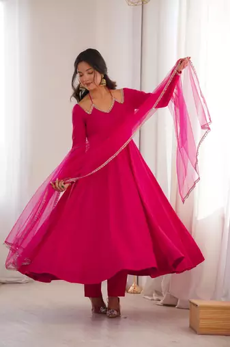 Women's Gorgeous Embroidery Work Roman Silk Chanderi Fabric Flared Anarkali Pant and Dupatta Set