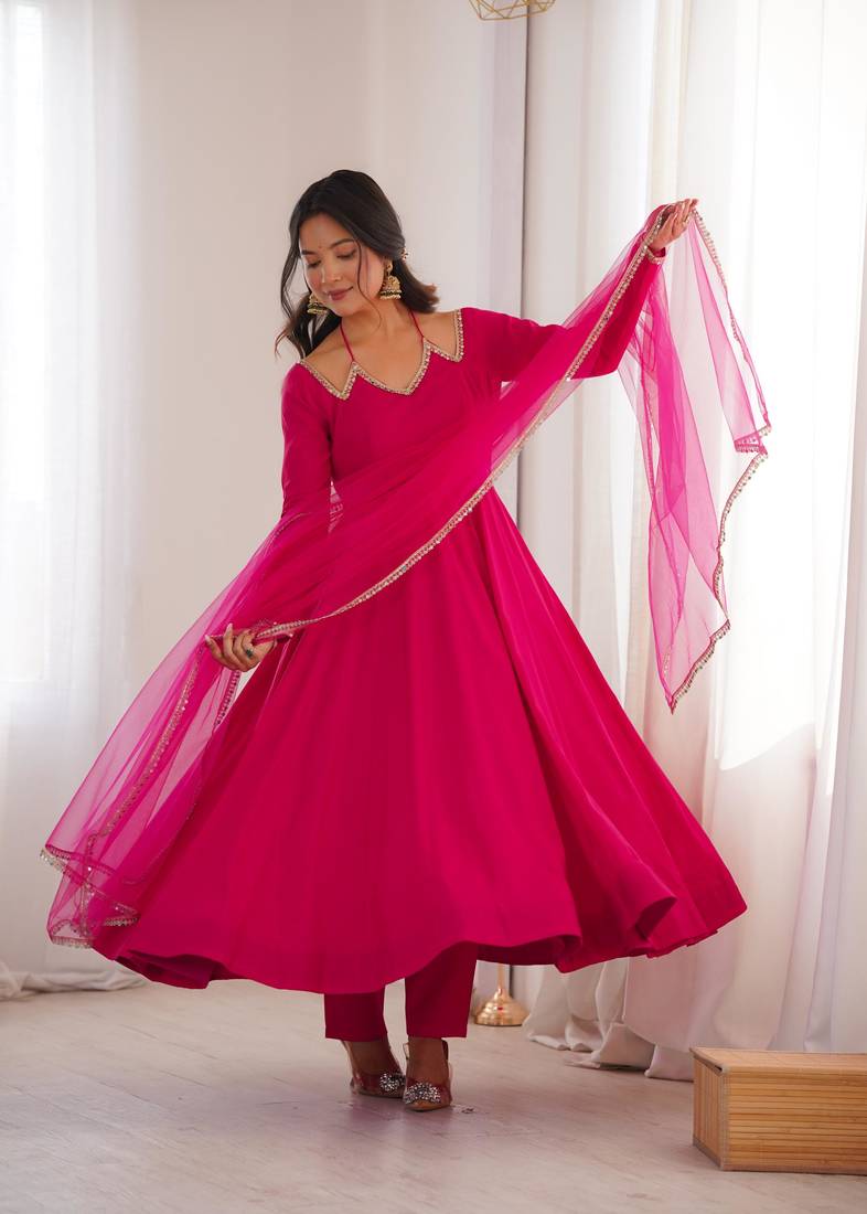Women's Gorgeous Embroidery Work Roman Silk Chanderi Fabric Flared Anarkali Pant and Dupatta Set