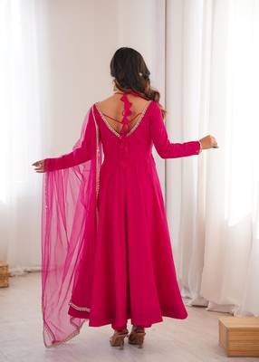 Women's Gorgeous Embroidery Work Roman Silk Chanderi Fabric Flared Anarkali Pant and Dupatta Set 4