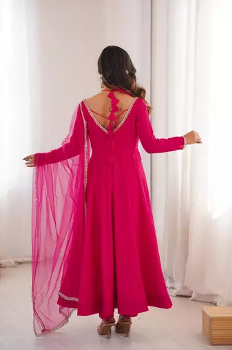Women's Gorgeous Embroidery Work Roman Silk Chanderi Fabric Flared Anarkali Pant and Dupatta Set