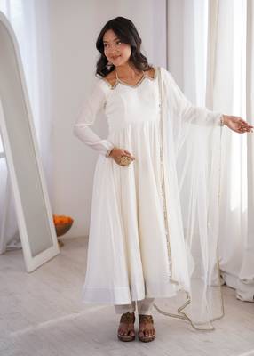 Women's Gorgeous Embroidery Work Roman Silk Chanderi Fabric Flared Anarkali Pant and Dupatta Set 1