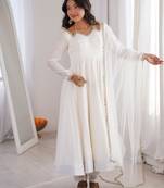 Women's Gorgeous Embroidery Work Roman Silk Chanderi Fabric Flared Anarkali Pant and Dupatta Set