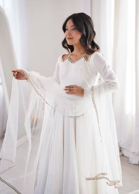 Women's Gorgeous Embroidery Work Roman Silk Chanderi Fabric Flared Anarkali Pant and Dupatta Set 2
