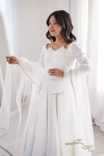 Women's Gorgeous Embroidery Work Roman Silk Chanderi Fabric Flared Anarkali Pant and Dupatta Set