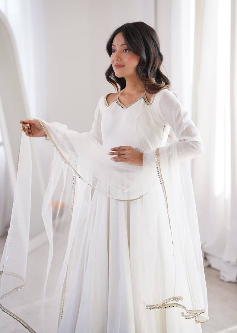 Women's Gorgeous Embroidery Work Roman Silk Chanderi Fabric Flared Anarkali Pant and Dupatta Set