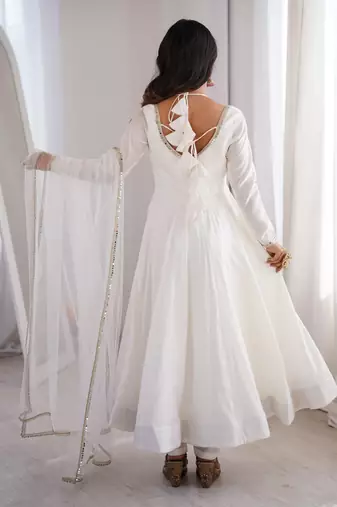 Women's Gorgeous Embroidery Work Roman Silk Chanderi Fabric Flared Anarkali Pant and Dupatta Set