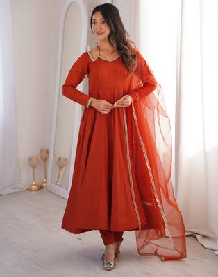 Women's Gorgeous Embroidery Work Roman Silk Chanderi Fabric Flared Anarkali Pant and Dupatta Set 1
