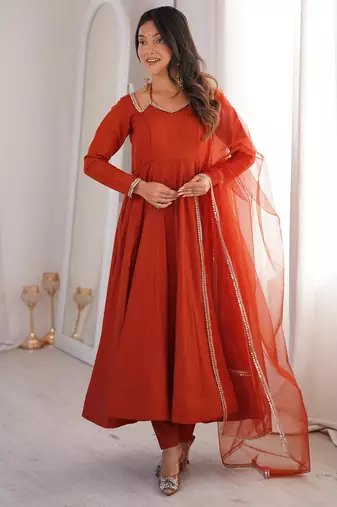 Women's Gorgeous Embroidery Work Roman Silk Chanderi Fabric Flared Anarkali Pant and Dupatta Set