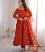 Women's Gorgeous Embroidery Work Roman Silk Chanderi Fabric Flared Anarkali Pant and Dupatta Set