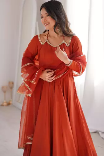 Women's Gorgeous Embroidery Work Roman Silk Chanderi Fabric Flared Anarkali Pant and Dupatta Set